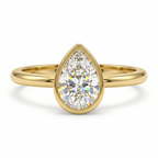 Gold ring with a pear-shaped diamond on a white background