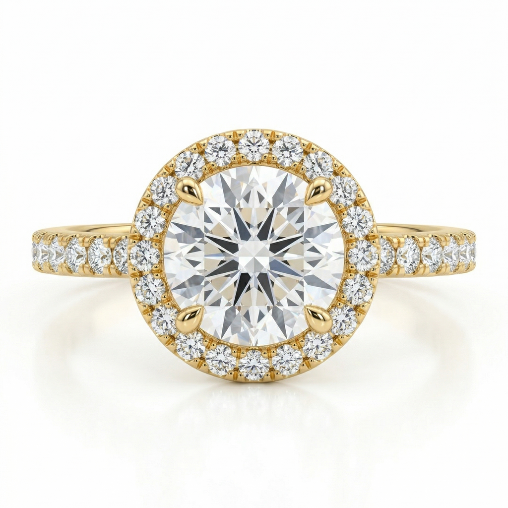 Gold ring with a large diamond and smaller diamonds around on a white background