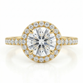 Gold ring with a large diamond and smaller diamonds around on a white background