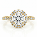 Gold ring with a large diamond and smaller diamonds around on a white background