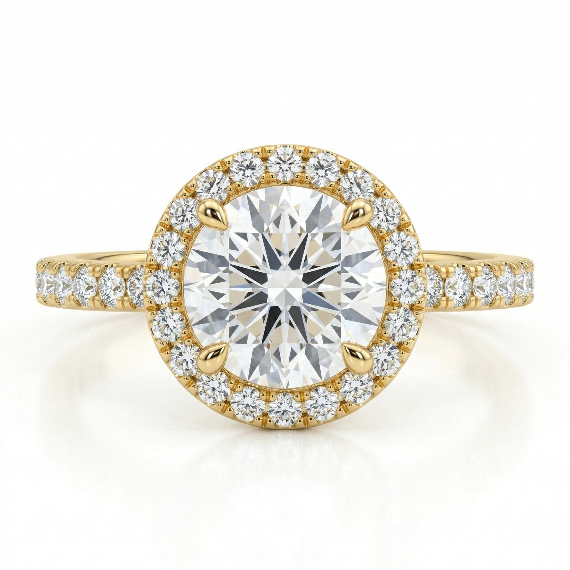 Gold ring with a large diamond and smaller diamonds around on a white background
